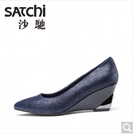 satchi沙驰女鞋 尖头坡跟羊皮单鞋秋 深蓝 黑色