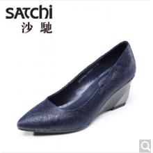 satchi沙驰女鞋 尖头坡跟羊皮单鞋秋 深蓝 黑色