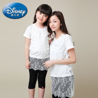 disney迪士尼时尚品牌童装 夏装亲子装蕾丝长款T恤女童母女装短T